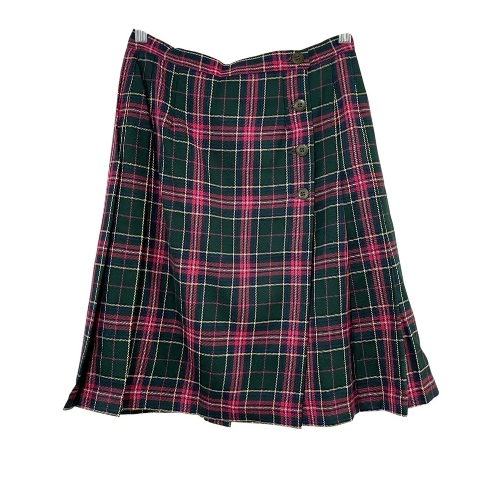 Pendleton Petite Wool Plaid Tartan Skirt Green Pink Size 8 Vintage USA
